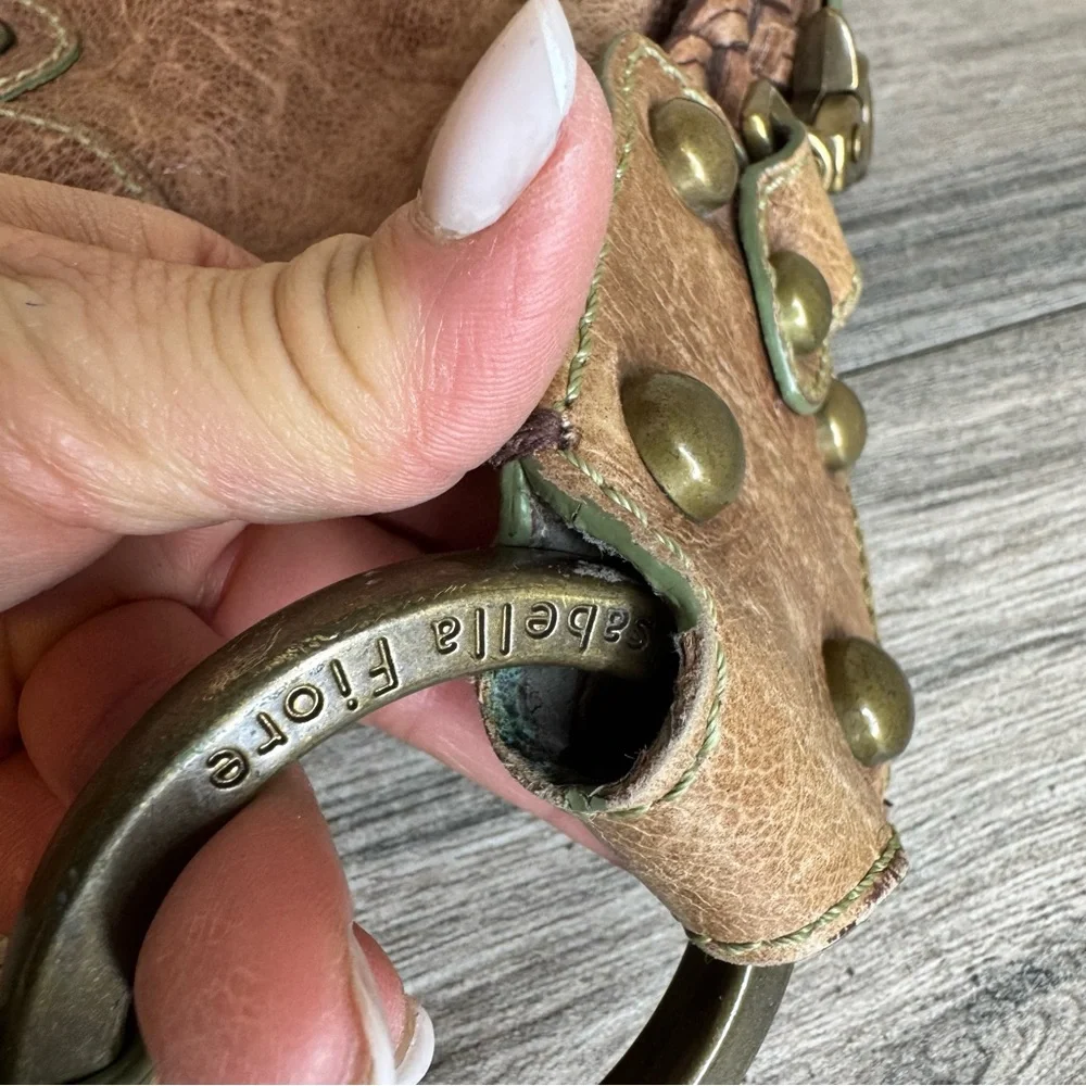 Isabella Fiore Oasis Hobo Brown Distressed Leather Brass Studded Shoulder Bag - Picture 11 of 16